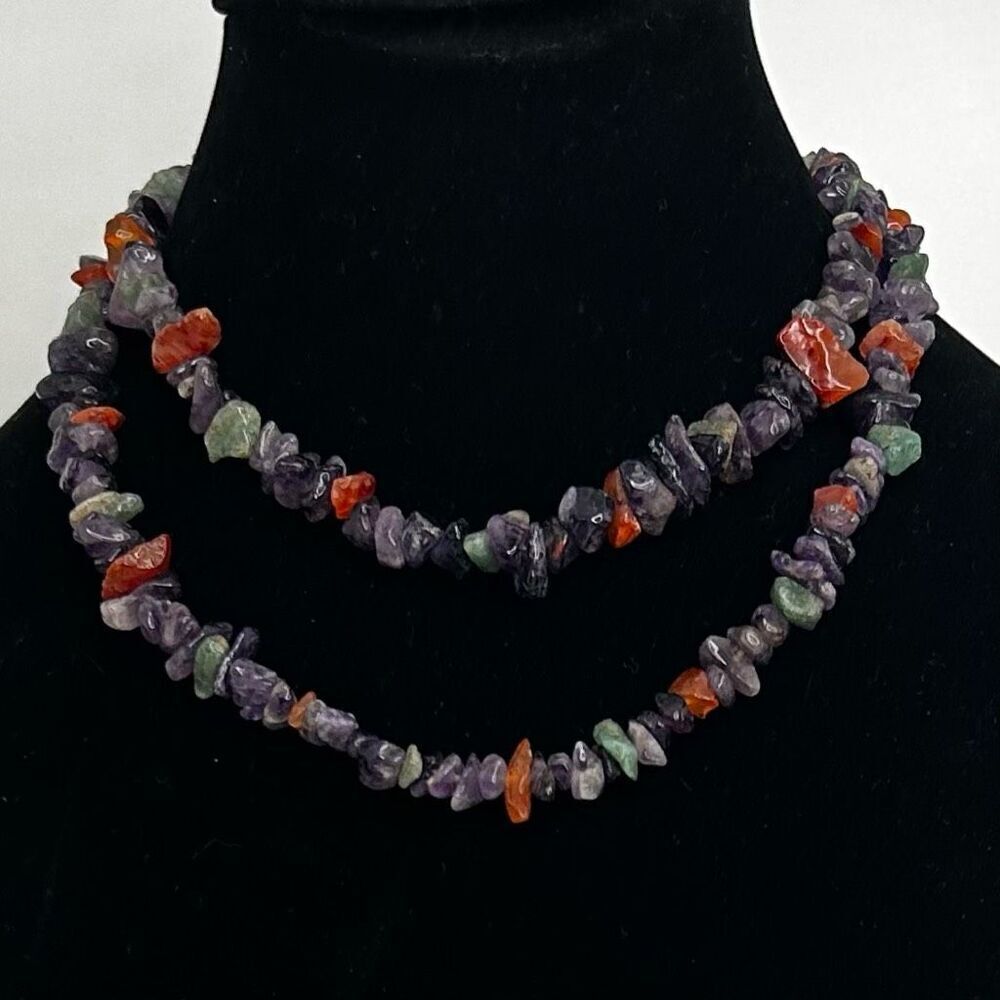 Vintage Beaded Necklace Gemstone Chips 32” Multicolor Amethyst Fashion Jewelry